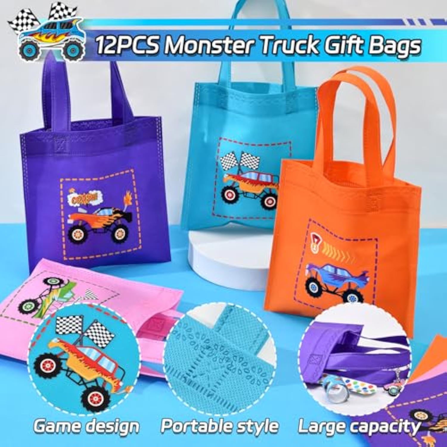 Monster Truck Party Favors Car Game Birthday Supplies, Non-Woven Gift Bags Keychains Slap Bracelets Diy Stickers, Kid Boy Wheels Toy Goodie Bag Stuffer Monster Truck Birthday Decorations