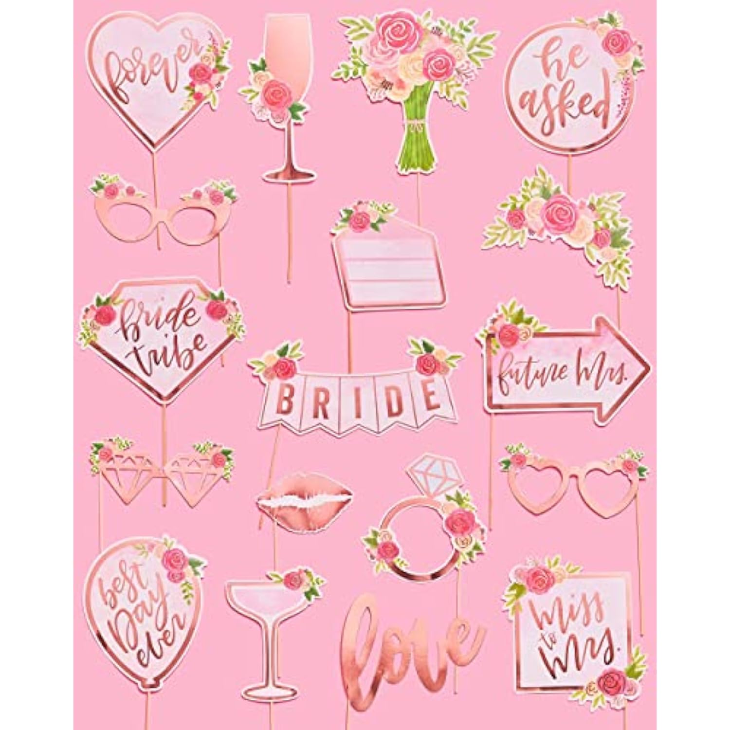 Bridal Shower, Wedding Photo Booth Props - 20 Pieces, Pre-Assembled - Rose Gold Bachelorette Party Decorations, Bride To Be, Miss To Mrs
