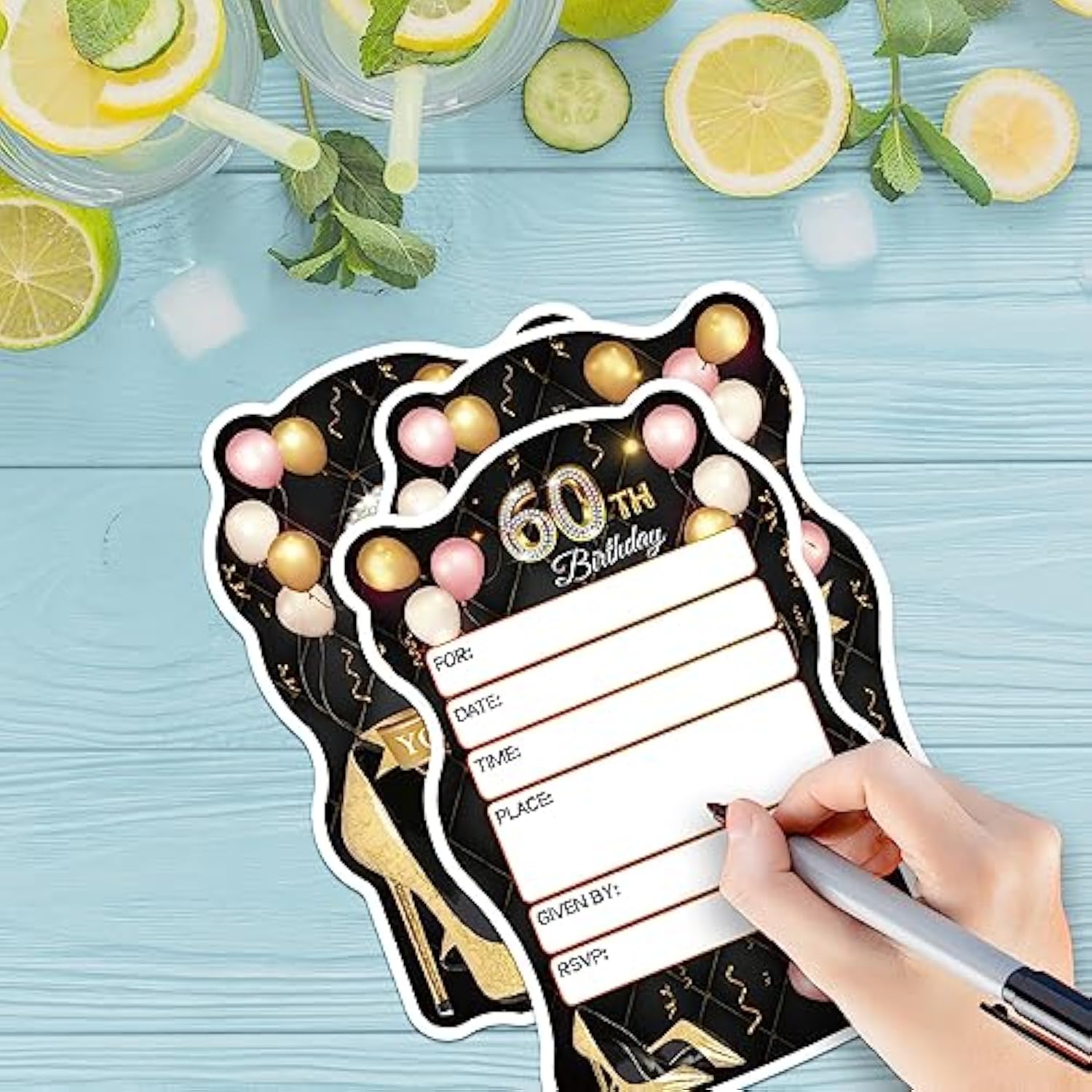 20 Pcs Pink Balloons & Black Golden High Heels Shaped Fill-In Invitations Cards With Envelopes, Funny 60Th Birthday Party Happy 60 Year Old Birthday Invites For Women Lady Wife Mom Adults