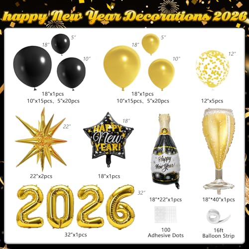 New Years Decorations 2026, New Year Balloon Arch with Black Gold Confetti 2026 Balloons for Eve Party Supplies Nye Decorations