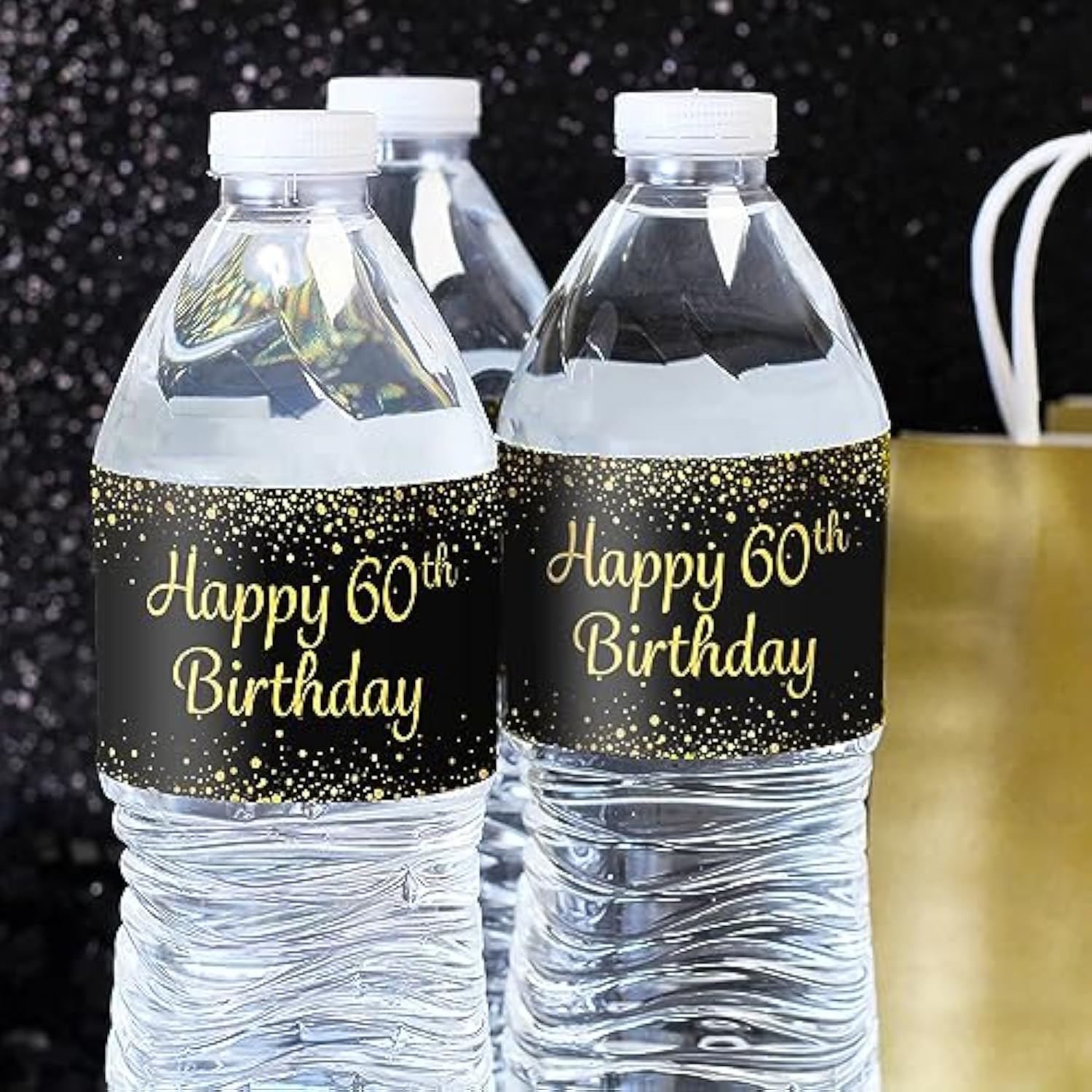 Black And Gold 60Th Birthday Party Water Bottle Labels - 20 Stickers, 60Th Birthday Decorations