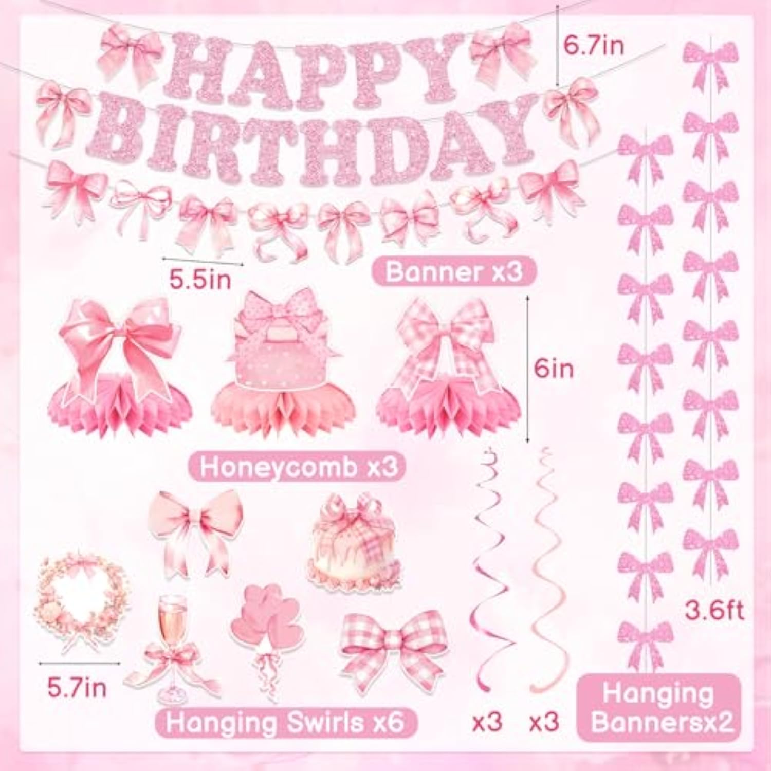 Pink Bow Birthday Party Decorations Girl Bow Themed Party Decor Include Happy Birthday Banner Hanging Swirls Table Honeycomb Centerpieces Hanging Banners For Girls Baby Shower Birthday Party Decor
