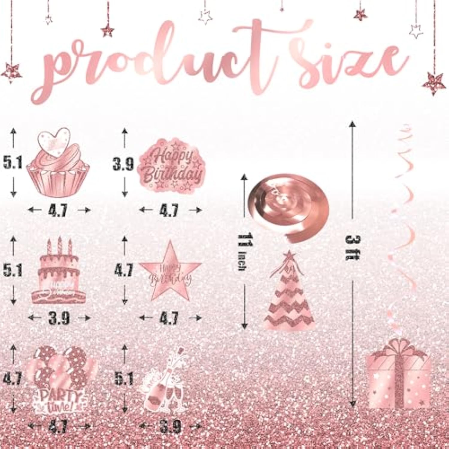 Rose Gold Happy Birthday Hanging Swirl Decorations 48Pcs Set With 24 Hanging Swirls And 24 Birthday Cutouts