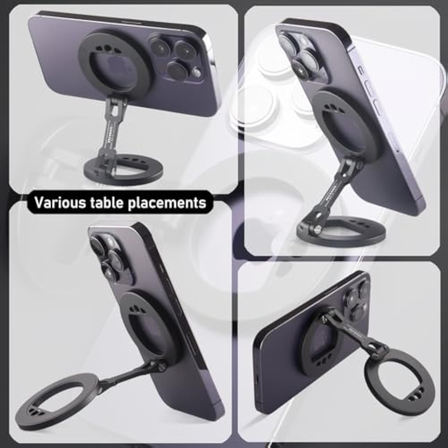 Double Magnetic Ring Phone Holder – Attach To Any Iron Surface | 1/4" Screw Hole | Compatible With 16/15/14/13/12 Pro Max Series & Magsafe Cases (Ms-01-Black)
