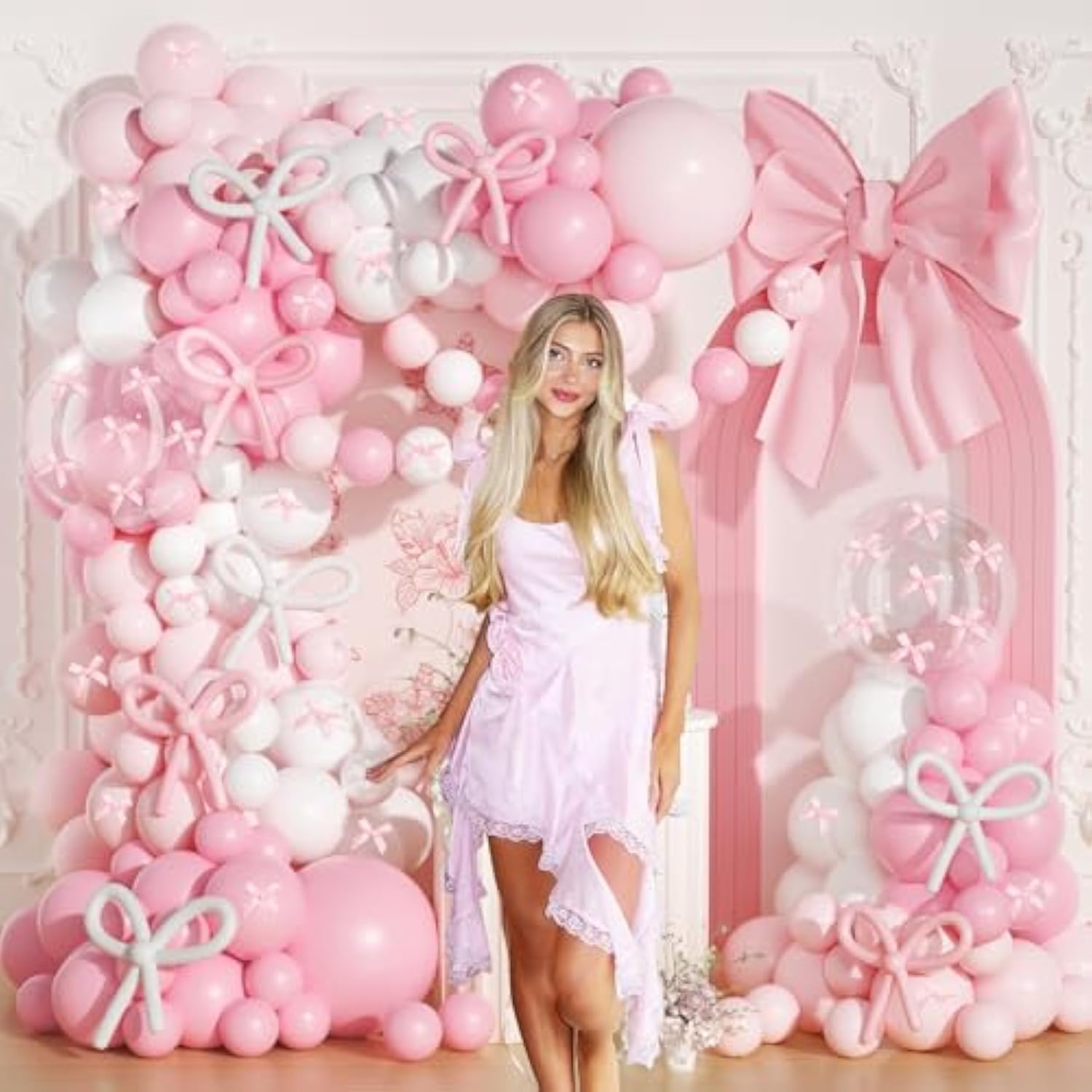 Pink Bow Balloons Arch Kit, 199Pcs Coquette Balloons Garland With 260 Clear Balloons Pink Ribbon Bow For Bow Coquette Birthday Decorations Bachelorette Baby Shower Bridal Shower