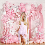 Pink Bow Balloons Arch Kit, 199Pcs Coquette Balloons Garland With 260 Clear Balloons Pink Ribbon Bow For Bow Coquette Birthday Decorations Bachelorette Baby Shower Bridal Shower