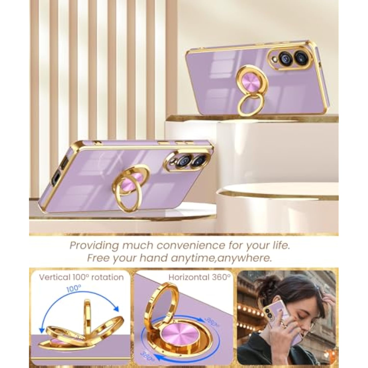 For Samsung Galaxy S25 Edge Case, Screen Protector, 360° Rotatable Ring Holder Magnetic Kickstand,Plated Gold Edge Slim Soft Tpu Protective Phone Case Cover For Galaxy S25 Edge (Purple)