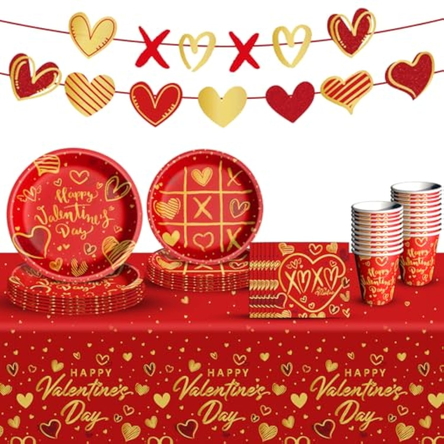Valentine'S Day Party Supplies Tableware Set Red Heart Love Paper Plates Napkins Cups Tablecloth Banner For Valentine'S Day Party Decorations, Serves 24