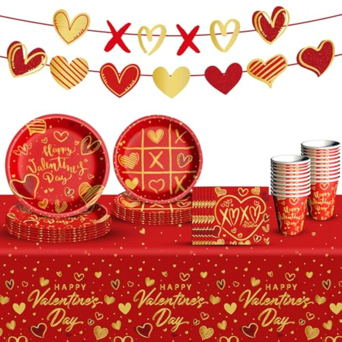 Valentine'S Day Party Supplies Tableware Set Red Heart Love Paper Plates Napkins Cups Tablecloth Banner For Valentine'S Day Party Decorations, Serves 24