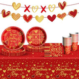 Valentine'S Day Party Supplies Tableware Set Red Heart Love Paper Plates Napkins Cups Tablecloth Banner For Valentine'S Day Party Decorations, Serves 24