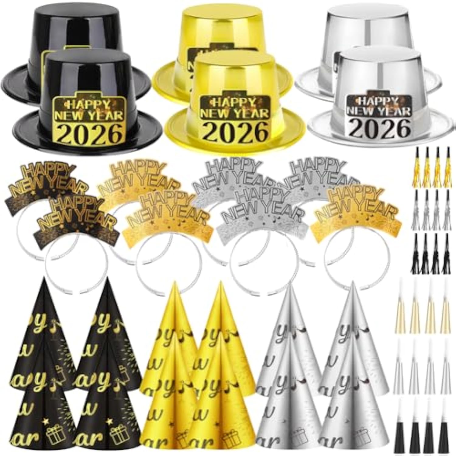 50-Piece 2026 New Year Party Set with Headbands Hats and Noise Makers