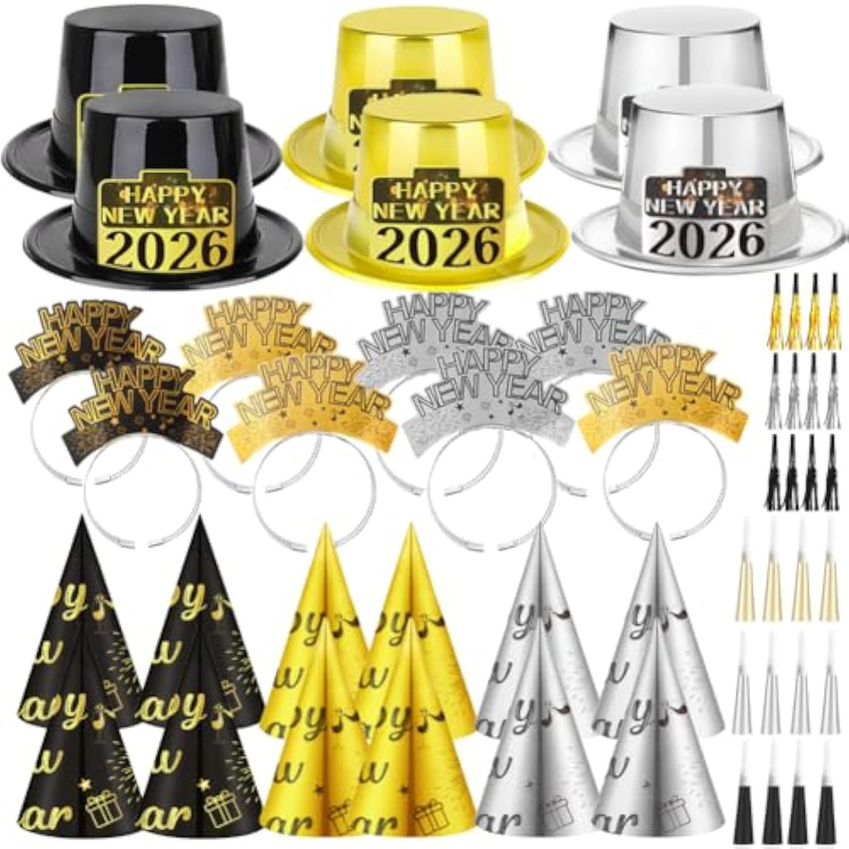 50-Piece 2026 New Year Party Set with Headbands Hats and Noise Makers