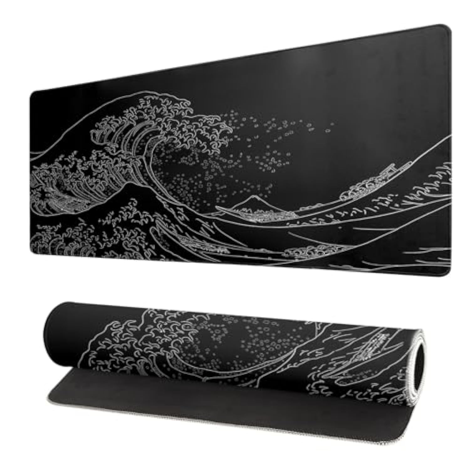 Japanese Sea Wave Large Mouse Pad, Anime Black Gaming, Extended Kanagawa Mat Desk Pad, M Thick Long Non-Slip Rubber Base Mice Pad, 31.5 X 11.8 Inch