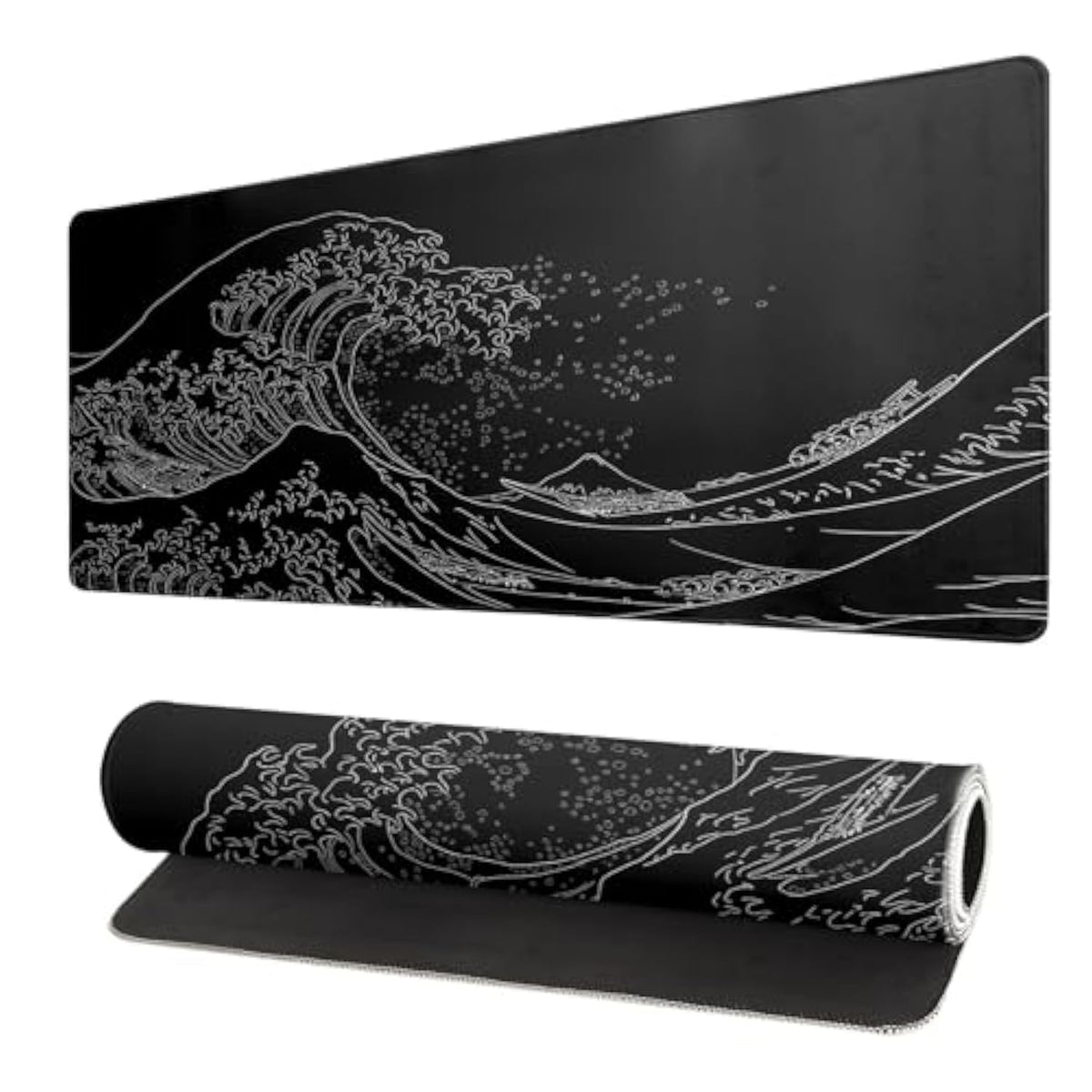 Japanese Sea Wave Large Mouse Pad, Anime Black Gaming, Extended Kanagawa Mat Desk Pad, M Thick Long Non-Slip Rubber Base Mice Pad, 31.5 X 11.8 Inch