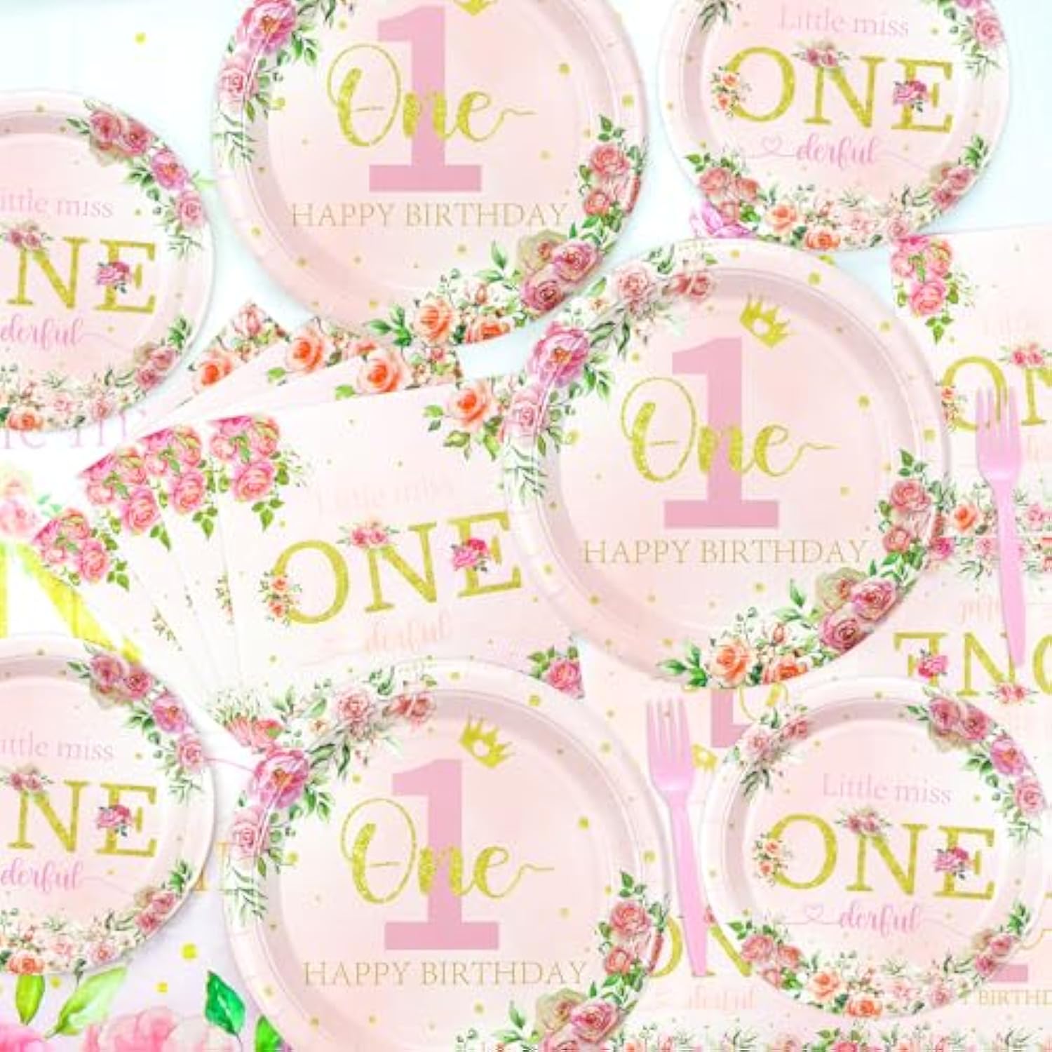 81pcs Floral 1st Birthday Set for 20 Guests with Plates, Napkins & Tableware