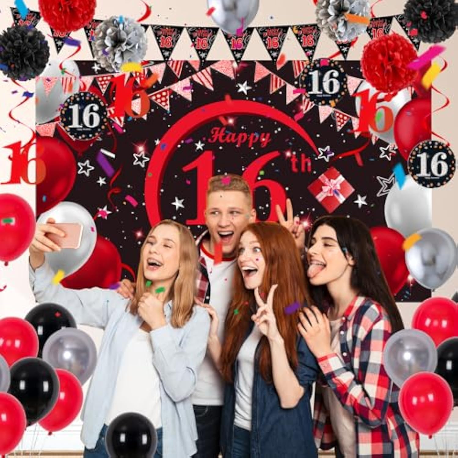 16Th Birthday Decorations For Boys Girls Red And Black, Happy 16Th Birthday Backdrop Banner, 16 Birthday Party Decorations Balloons Triangle Flag Tablecloth, 16 Year Old Boy Girl Bday Party Supplies