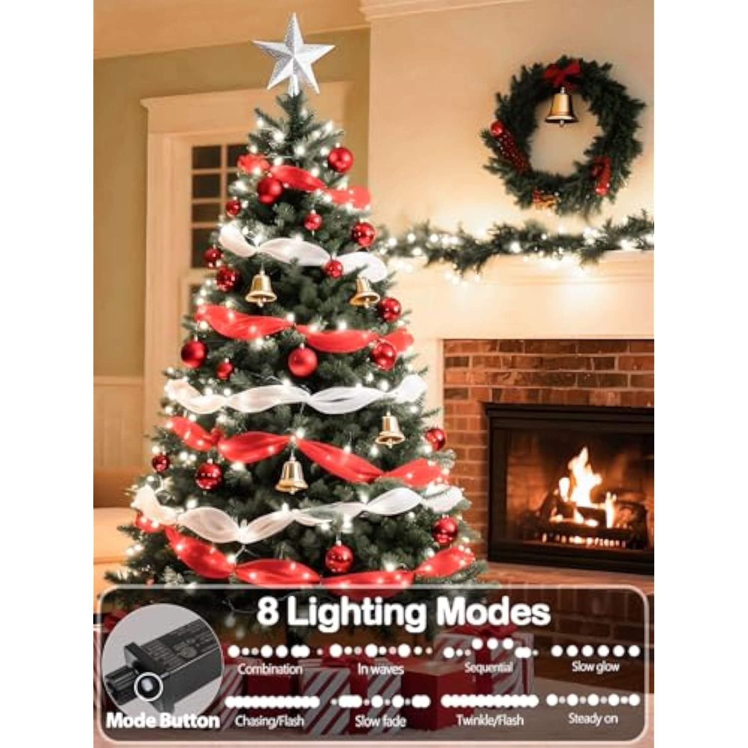 White 82Ft 200 Led Christmas String Lights Outdoor/Indoor (Extendable Green Wire, Ultra-Bright With 8 Modes, Ul Certified), Fairy String Lights For Xmas Tree Holiday Party Decoration, Cool White