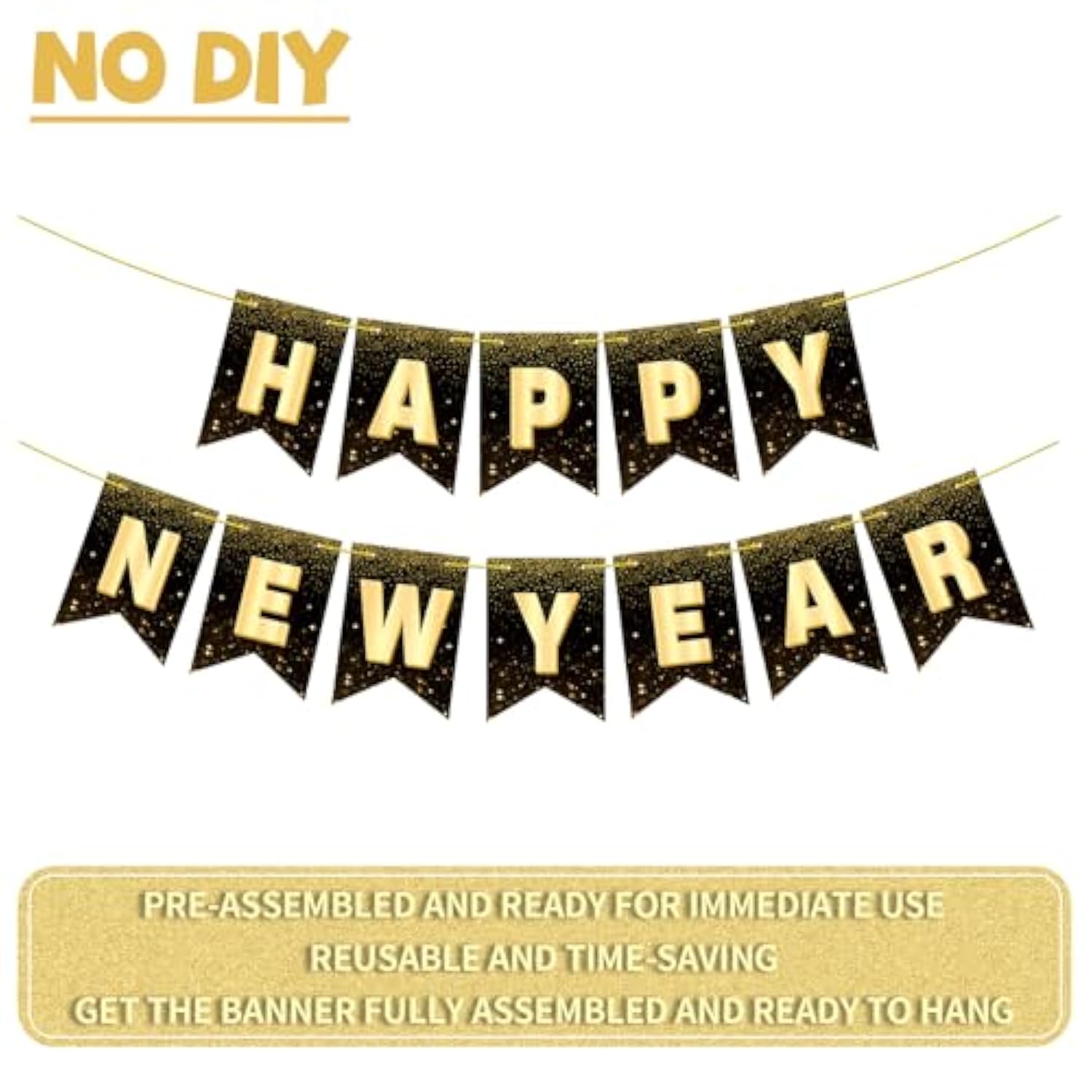 Happy New Year Banner 10ft Black Gold NYE Party Decor