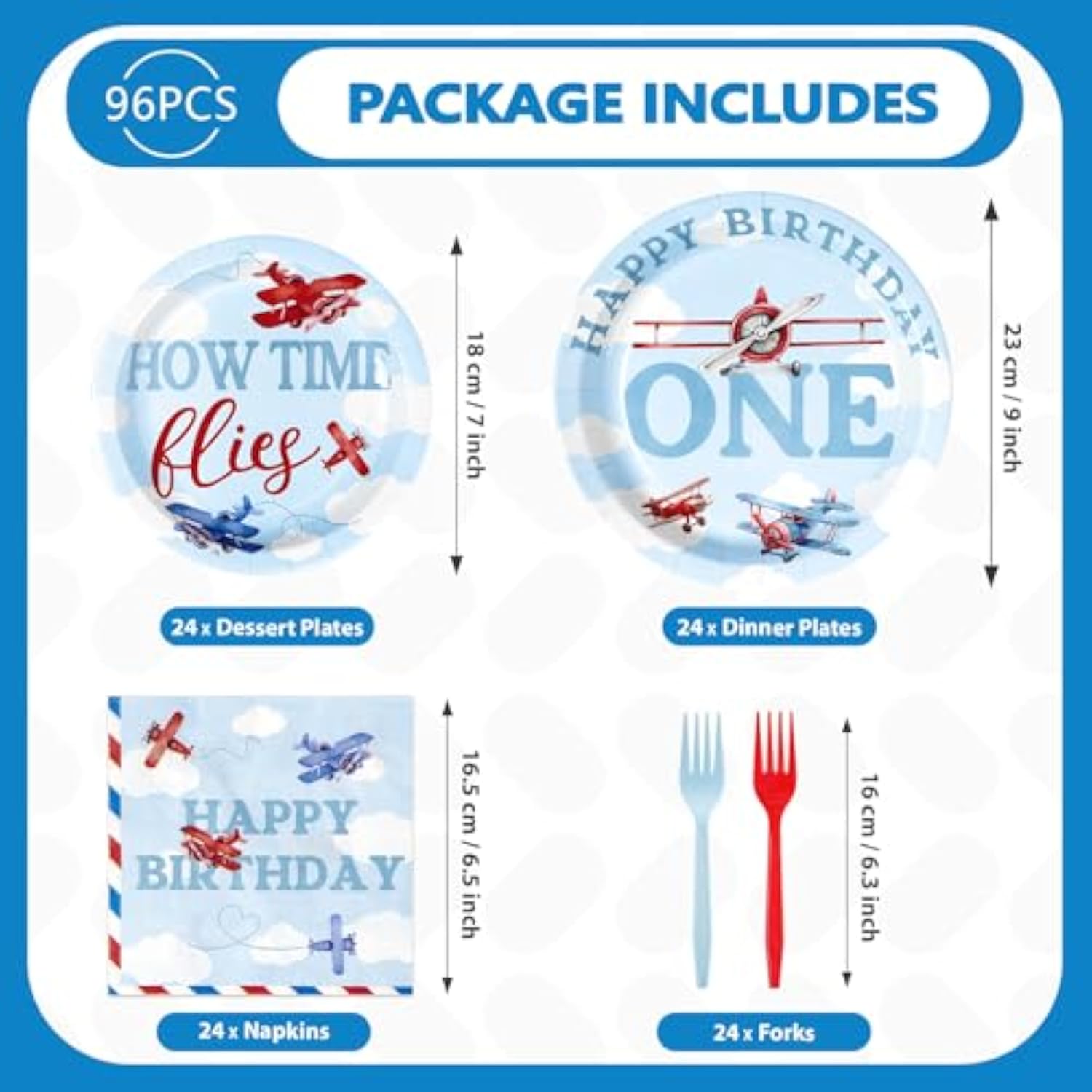 96Pcs Airplane 1St Birthday Decorations For Boys Red & Blue Airplane First Birthday Plates And Napkins Sets How Time Flies Party Decorations For Girls Baby Shower One Years Old Supplies Serve 24