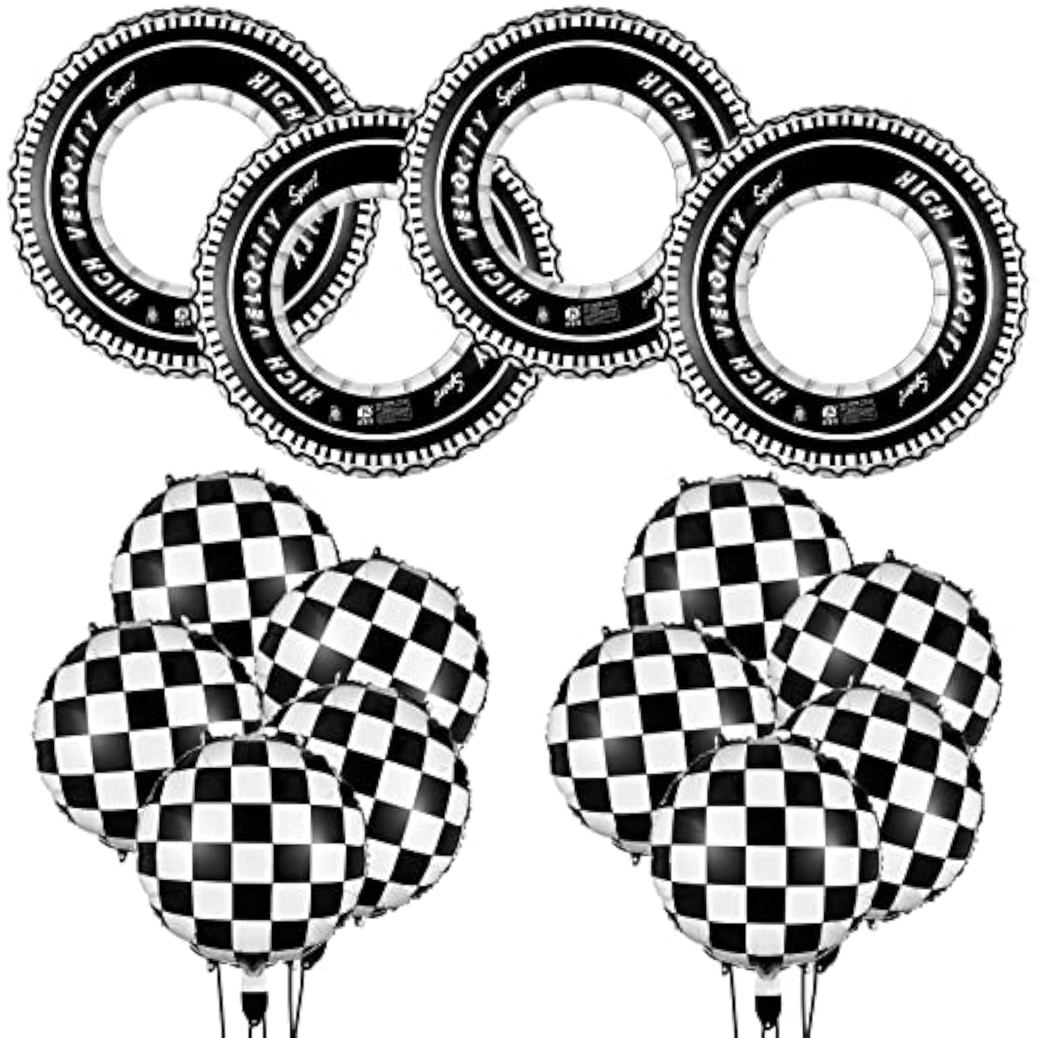 Race Car Party Decor Set: Checkered Balloons & Inflatable Tire Floats
