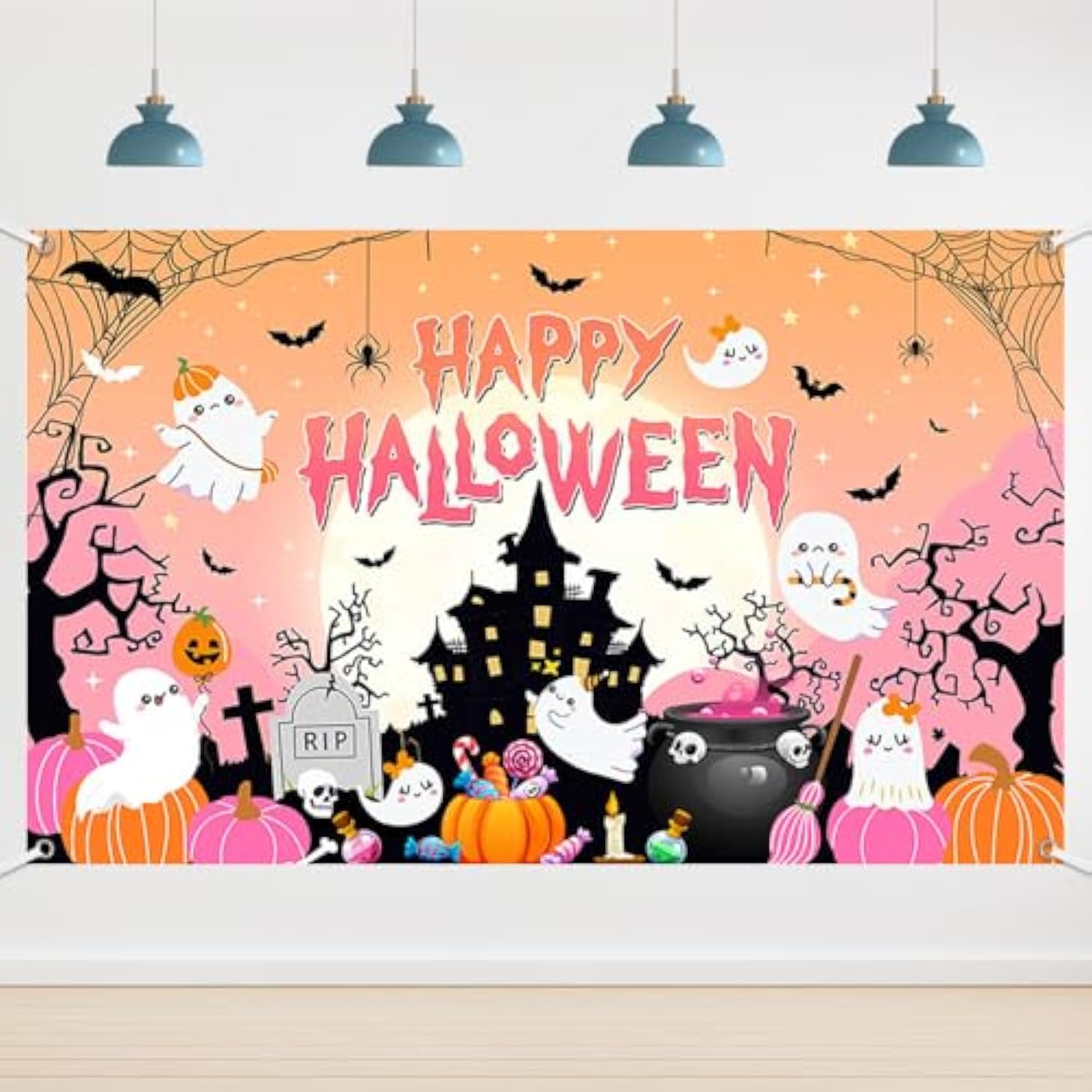 6x3.6ft Happy Halloween Backdrop Pink Ghost Pumpkin Spider Web Bat Photo Props