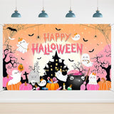 6x3.6ft Happy Halloween Backdrop Pink Ghost Pumpkin Spider Web Bat Photo Props
