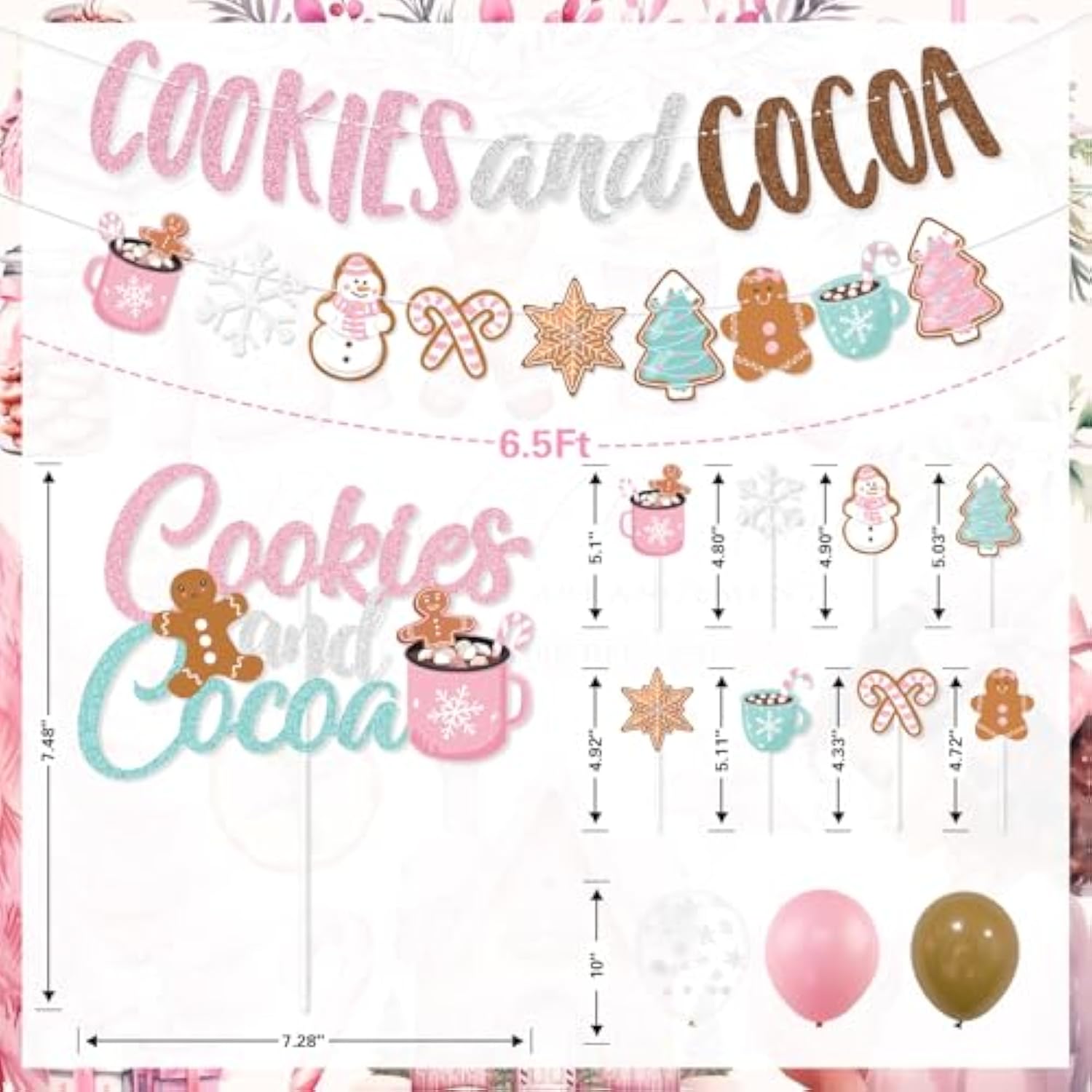 Cookies And Cocoa Party Decorations, Pink Cookies And Cocoa Banner Christmas Gingerbread Man Banner Cake Topper Balloons For Christmas Hot Cocoa Bar Supplies Birthday Party Decorations