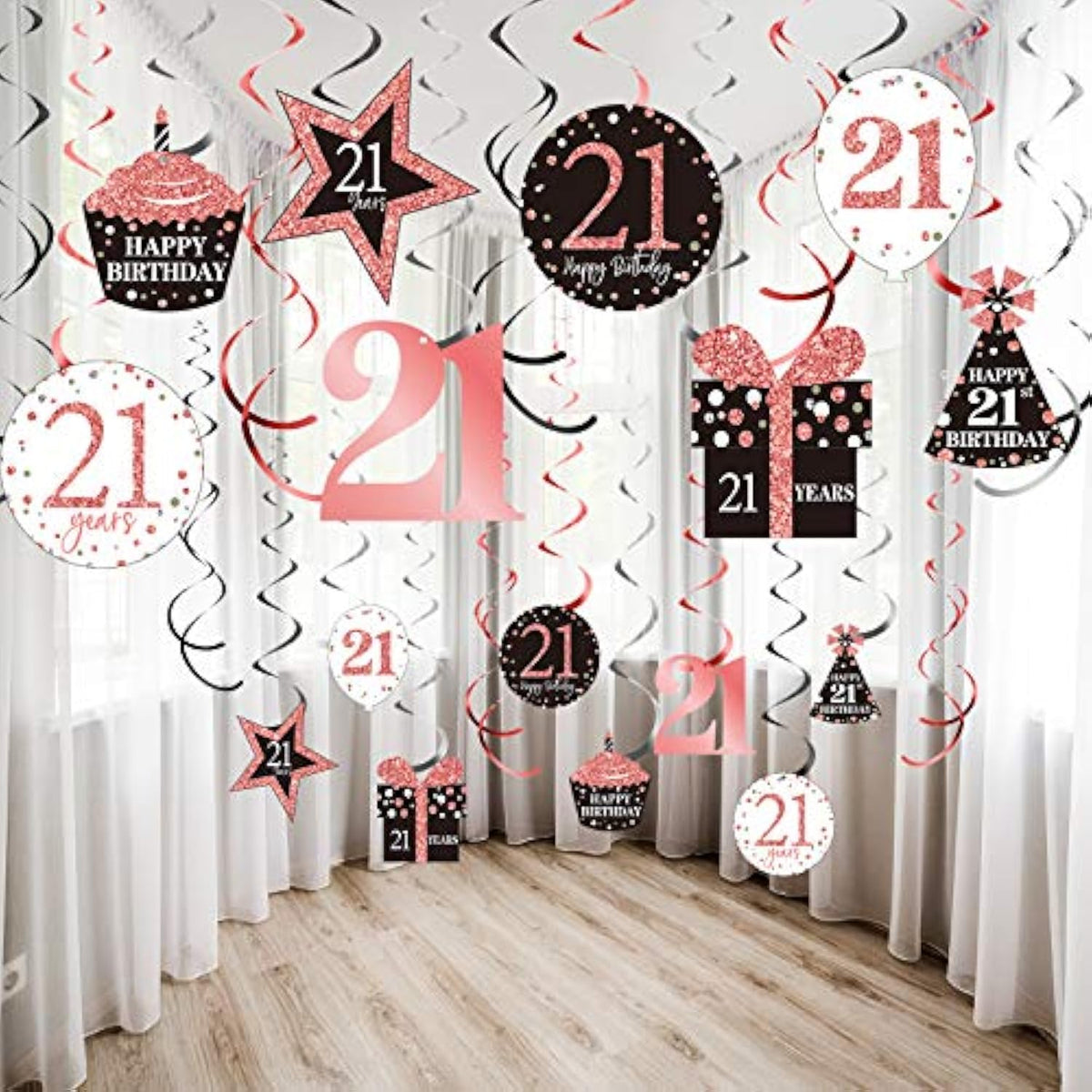21St Birthday Party Decorations, 21St Birthday Banners Rose Gold Hanging Swirls Ceiling Decorations Shiny Foil Swirls For Party Supplies 30 Count