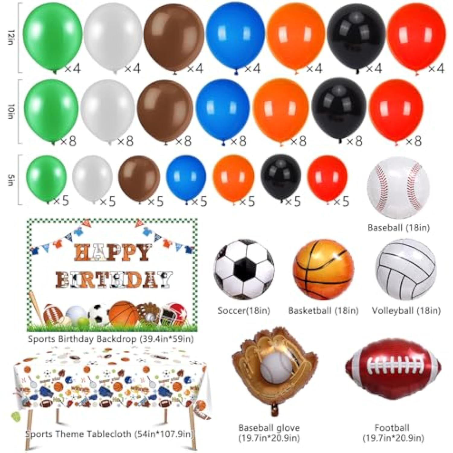 130pcs Sports Party Decor Kit – Balloon Arch, Backdrop & Tablecloth for Kids’ Sports Birthday