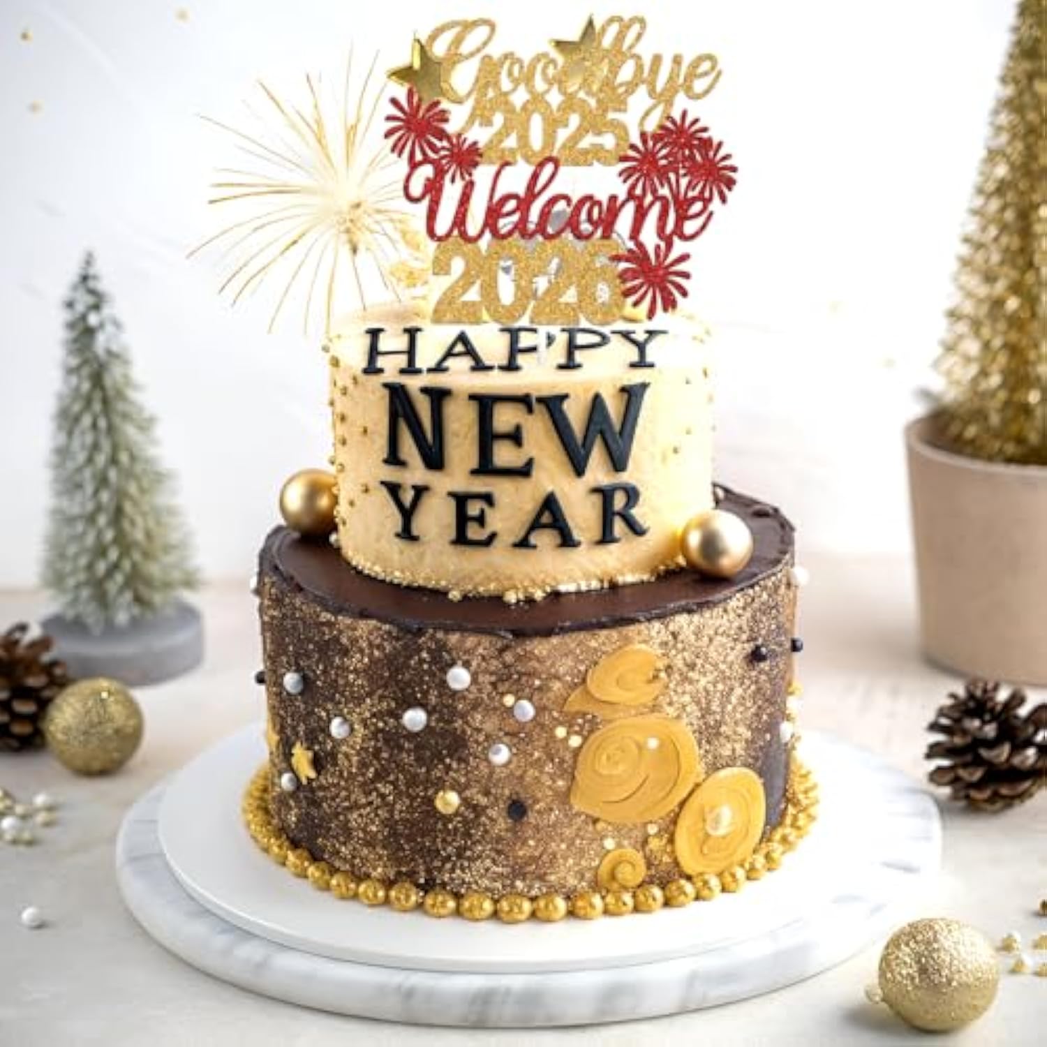 Goodbye 2025 Welcome 2026 Cake Topper Gold Glitter Party Decor