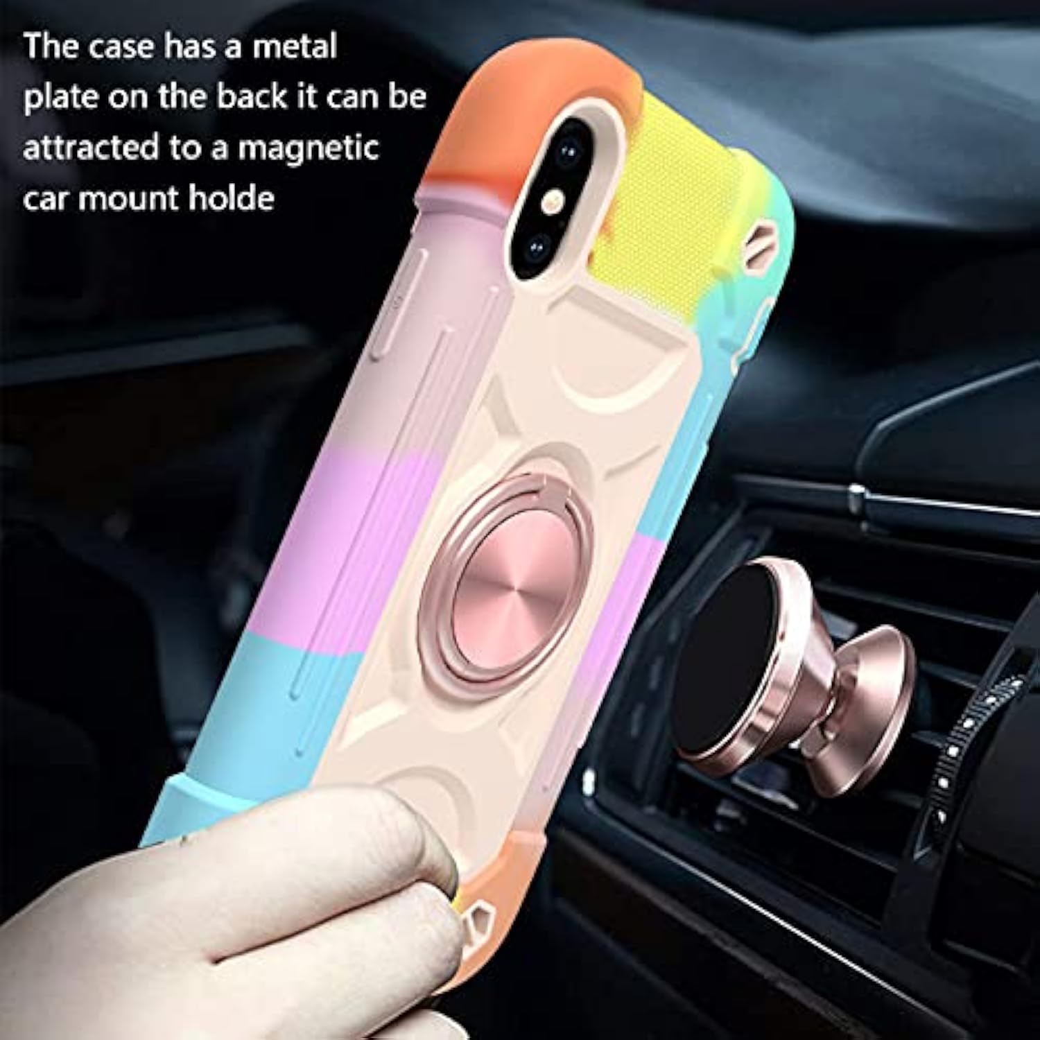 For Iphone Xs Max Case 6.5 Inch With Ring Stand, With 2 Pack Glass Screen Protector,Heavy-Duty Shockproof Rugged Military Grade Cover With Magnetic Car Mount (Rainbow Pink)