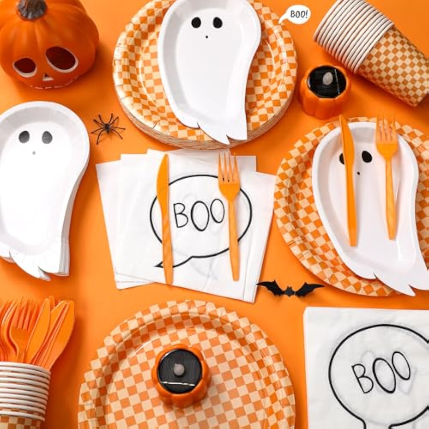 24 Set Halloween Party Tableware Paper Ghost Plates And Boo Napkins Plaid Cups Plastic Forks Knife For Halloween Party Supplies Spooky Baby Shower Happy Boo Day Birthday Decoration(Orange)