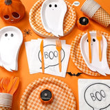 24 Set Halloween Party Tableware Paper Ghost Plates And Boo Napkins Plaid Cups Plastic Forks Knife For Halloween Party Supplies Spooky Baby Shower Happy Boo Day Birthday Decoration(Orange)