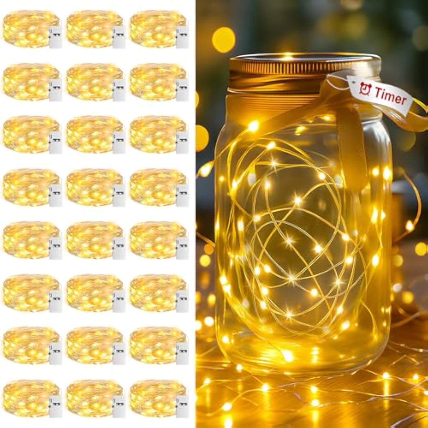 24 Pack Fairy Lights With Timer Battery Operated, 3 Modes 7Ft Mini Waterproof Twinkle Lights, 20 Led Bulk String Light F