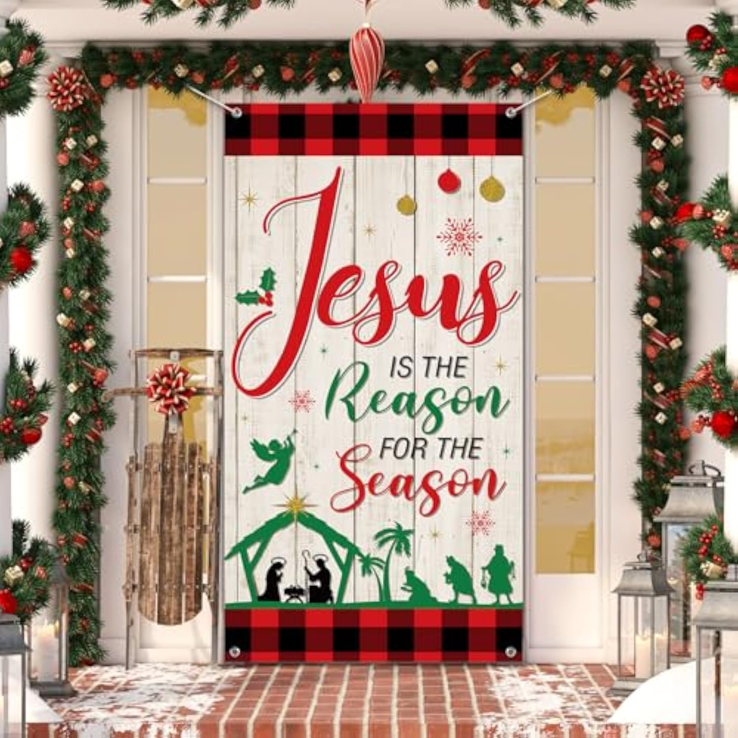 Christmas Jesus Religious Door Cover Xmas Holy Night Door Backdrop Jesus Is The Reason For The Season Decoration For Christmas Party Hanging Decor, 70.8 X 35.5 Inches (Classic)