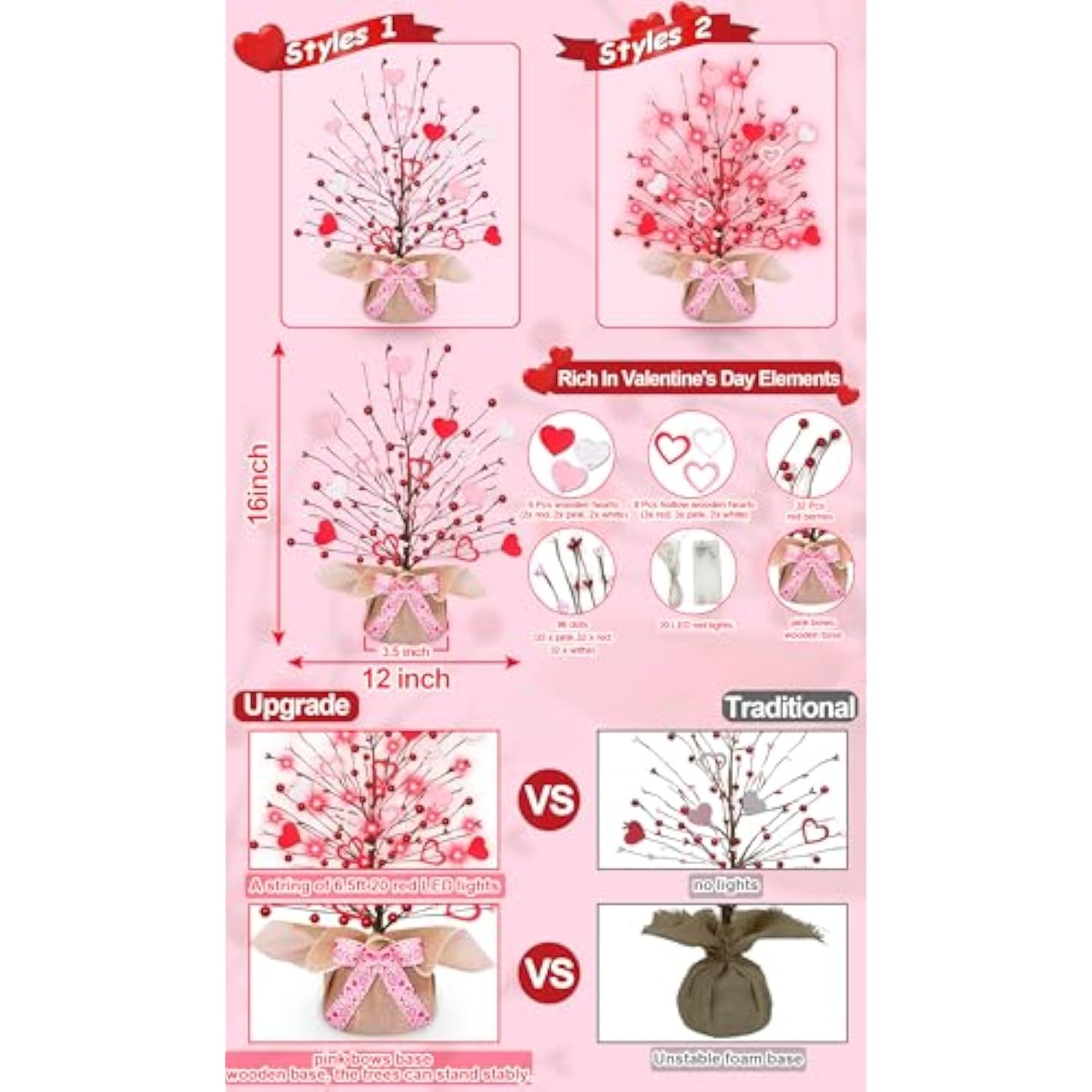 Valentine'S Day Tree Tabletop Decorations With 20 Red Lights, Timer, Battery Operated - 16 Inch, Pink & White Hearts, 32 Red Berries - Perfect For Home, Table, Bedroom, Indoor Party & Wedding Decor