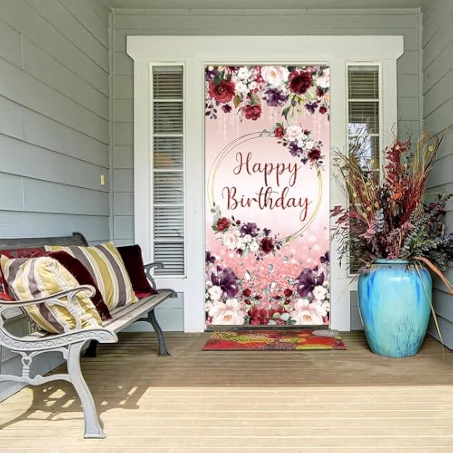 35.4 X 72.8 Inches Purple Pink Red Roses Happy Birthday Door Banner Yard Sign Tassels Diamond Glitter Door Decorations Polyester Fabric Supplies Indoor Outdoor