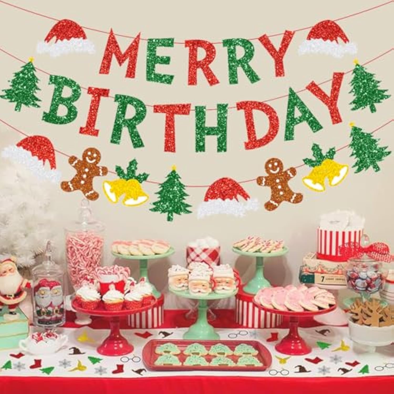 Merry Christmas Birthday Party Decorations Red Green Banner Hanging Paper Tree Gingerbread Man Bells Hat Sign For Xmas Wall Home Garden Outdoor Accessories Supplies