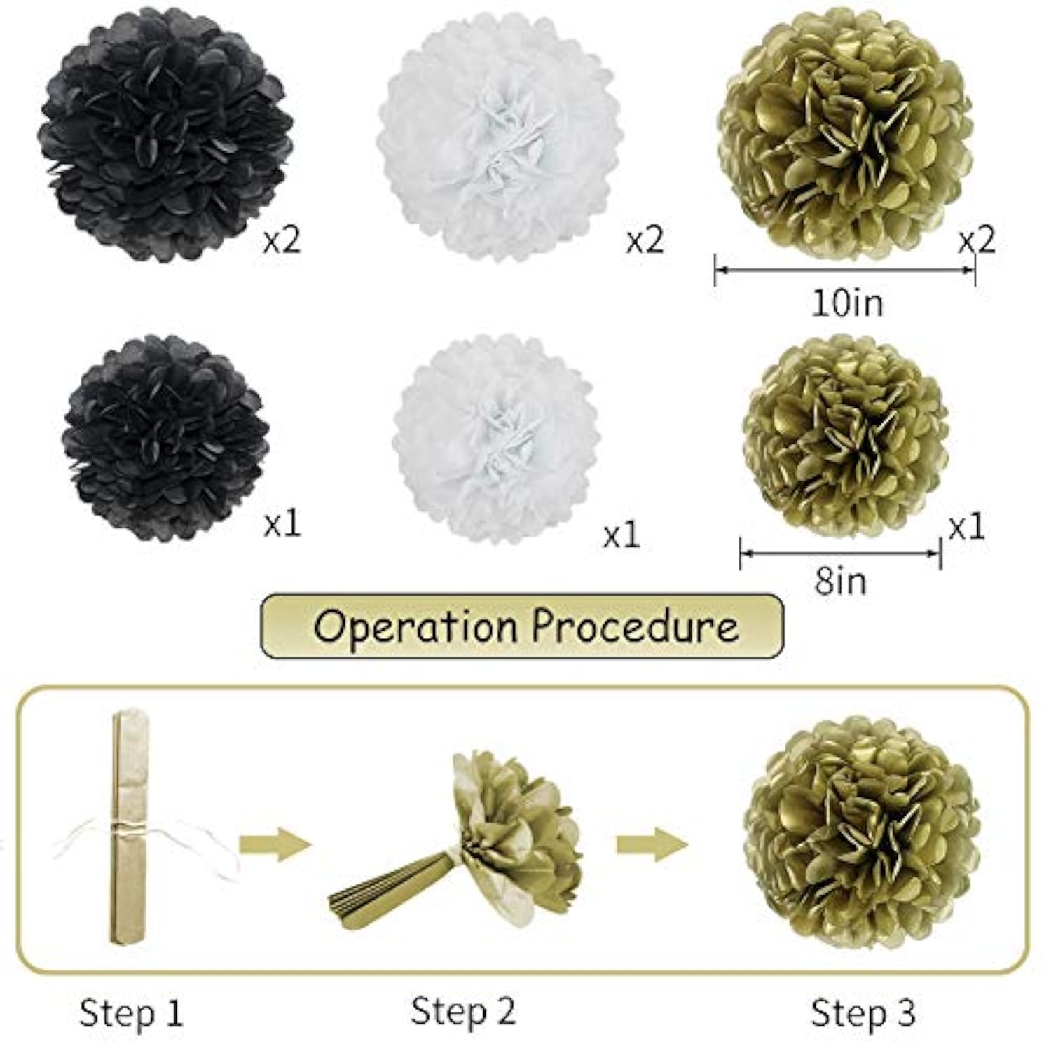 Black Gold Party Decorations, Black Gold Paper Lanterns And Pom Poms Flowers For Birthday Party Graduation Masquerade New Years Party Decor 15Pcs