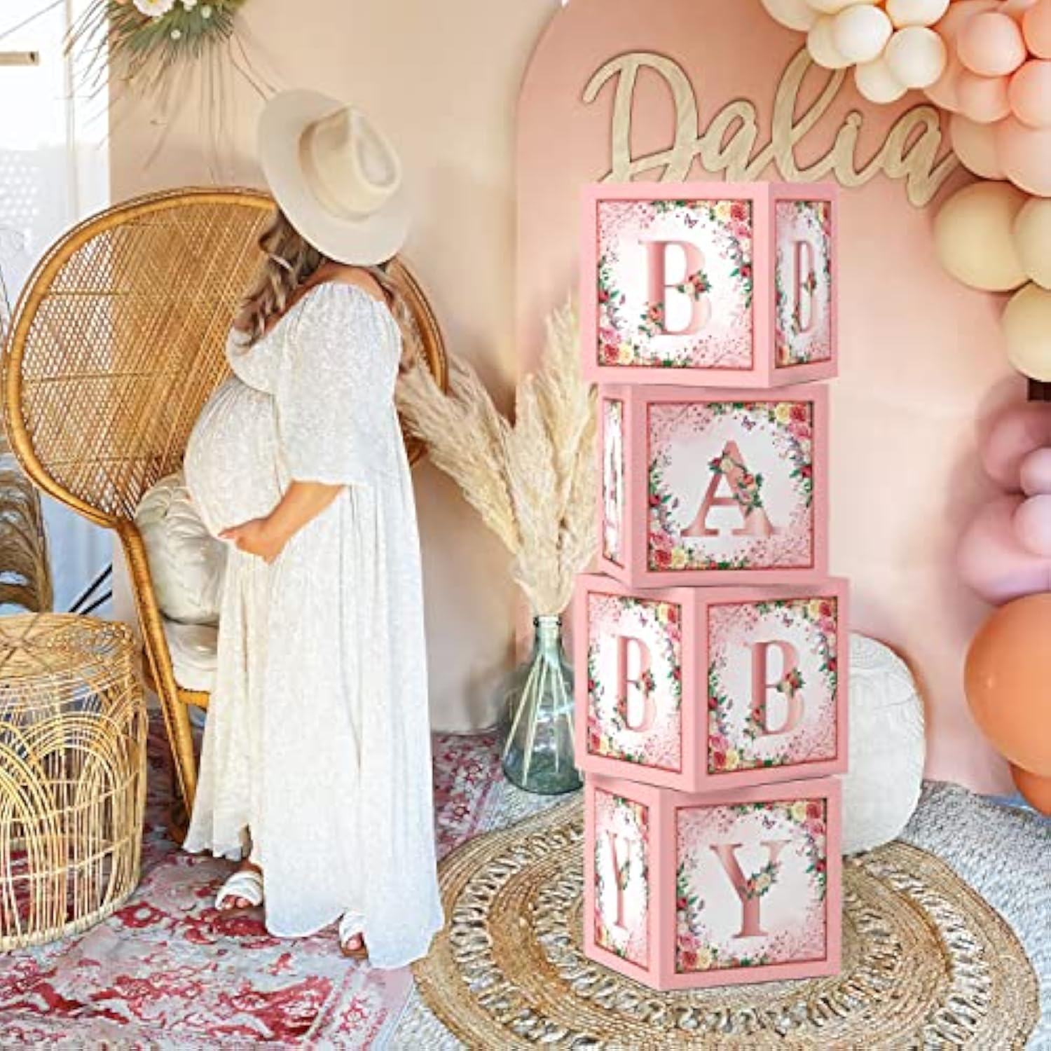 Floral Baby Shower Box Pink Balloon Blocks/Rose Gold Centerpiece for Girl Party