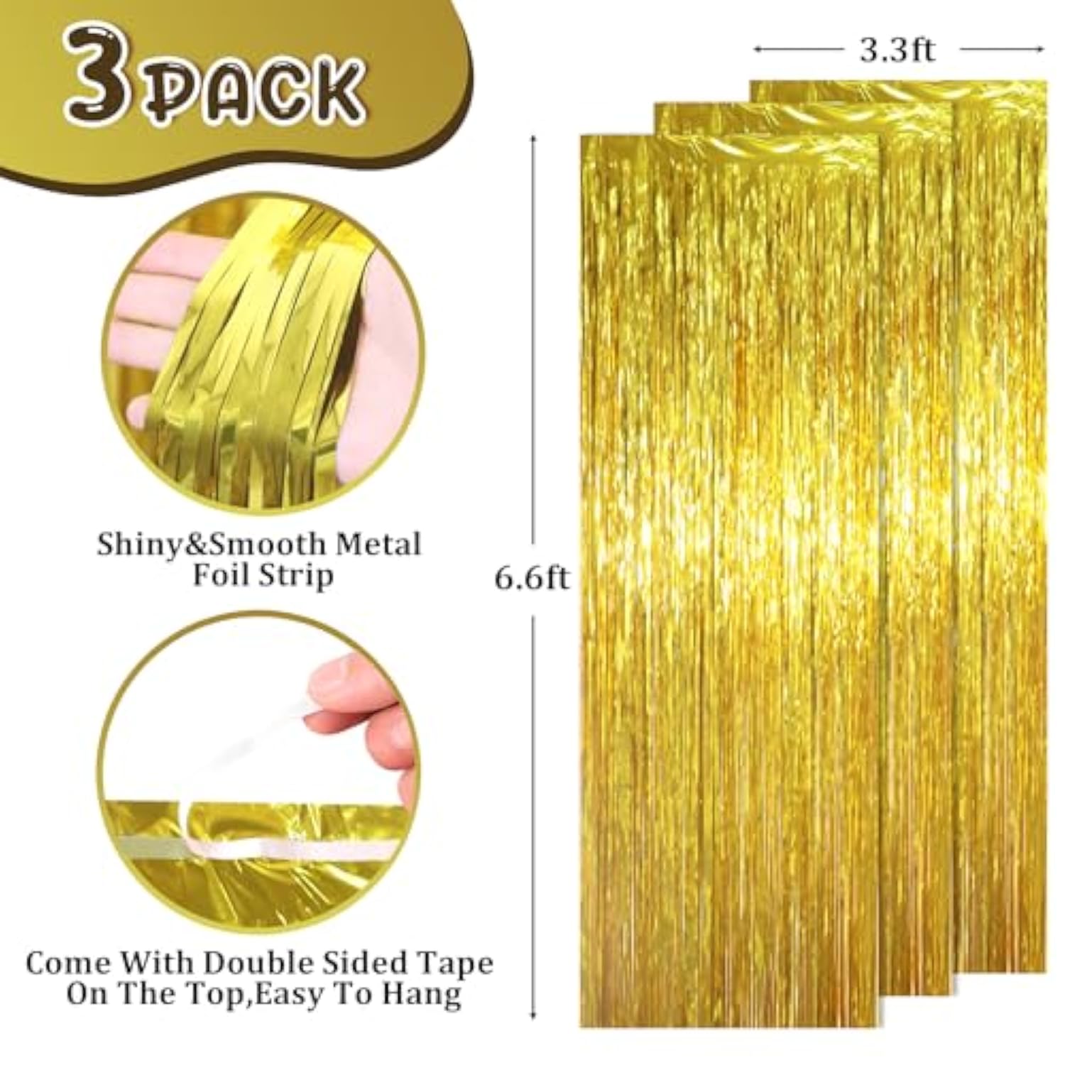 3.3 X 6.6 Ft Foil Fringe Backdrop Curtains, Tinsel Streamers Party Decorations, Fringe Backdrop For Birthday, Baby Shower, Gender Reveal, Graduation (3, Gold)