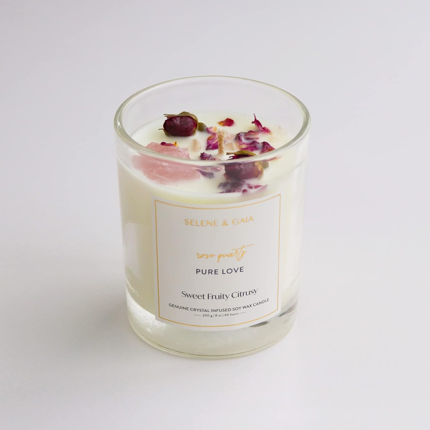 Crystal Candles with Rose Quartz Crystals and Roses, Love Manifestation Candles, Mother's Day Spiritual Gifts for Women, Sweet Citrus Scent Soy Wax Candle, Unique Gift for Mom, Daughter (Pure Love)