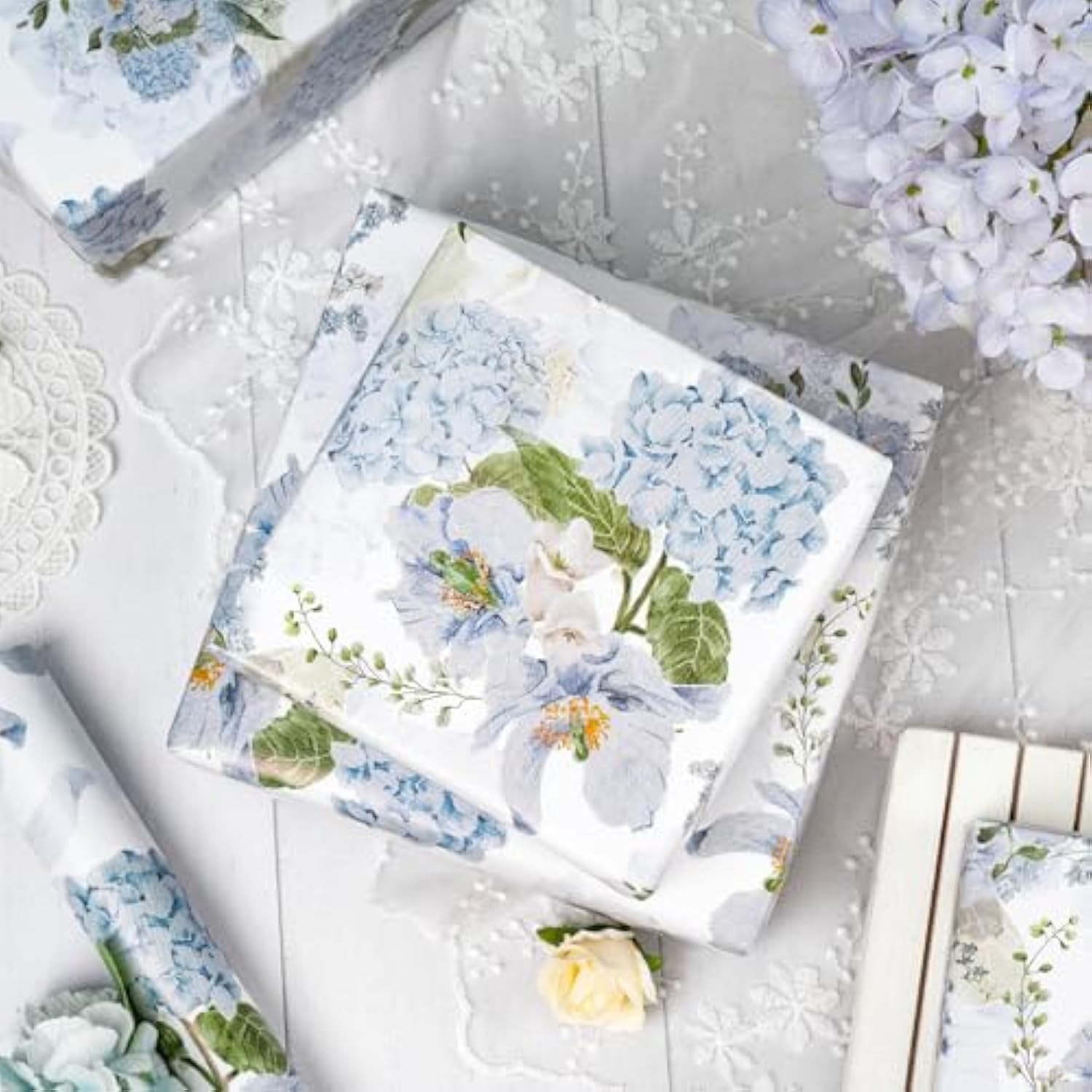 Floral Wrapping Paper Roll, Blue Hydrangea Flowers Party Gift Wrap For Wedding, Bridal Shower, Baby Shower, Anniversary, Mother'S Day, Birthday, 17 Inches X 16.4 Feet (23.2 Sq.Ft.)