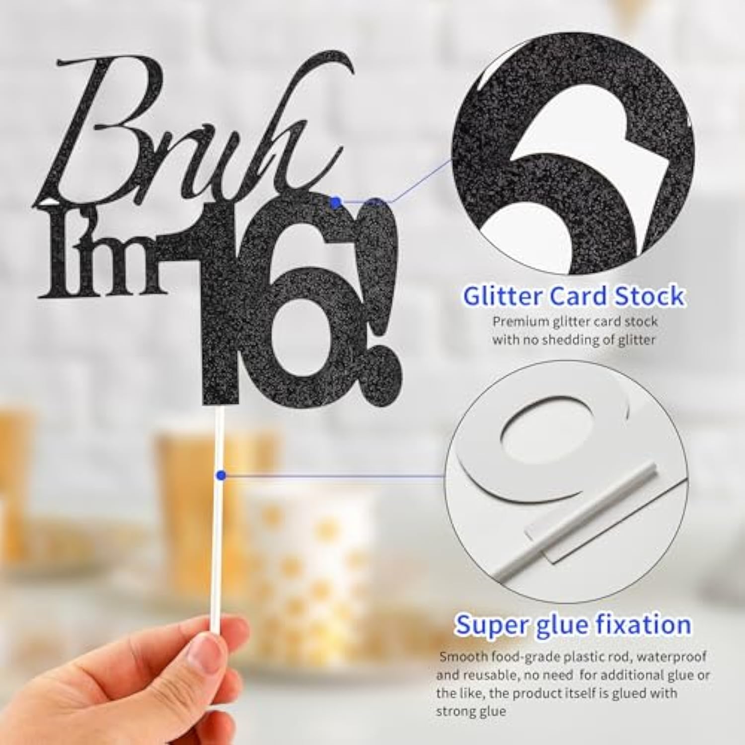 “Bruh I’m 16” Black Glitter Cake Topper — Funny 16th Birthday Party Decor