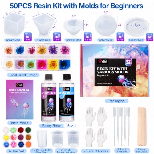 Epoxy Resin Kits And Molds Complete Set, 16Oz Resin Art Kit With Silicone Molds, Pigment, Dried Flowers, Crafts For Adults, Beginners, Art Supplies For Diy Lovers, Diy Gift For Women