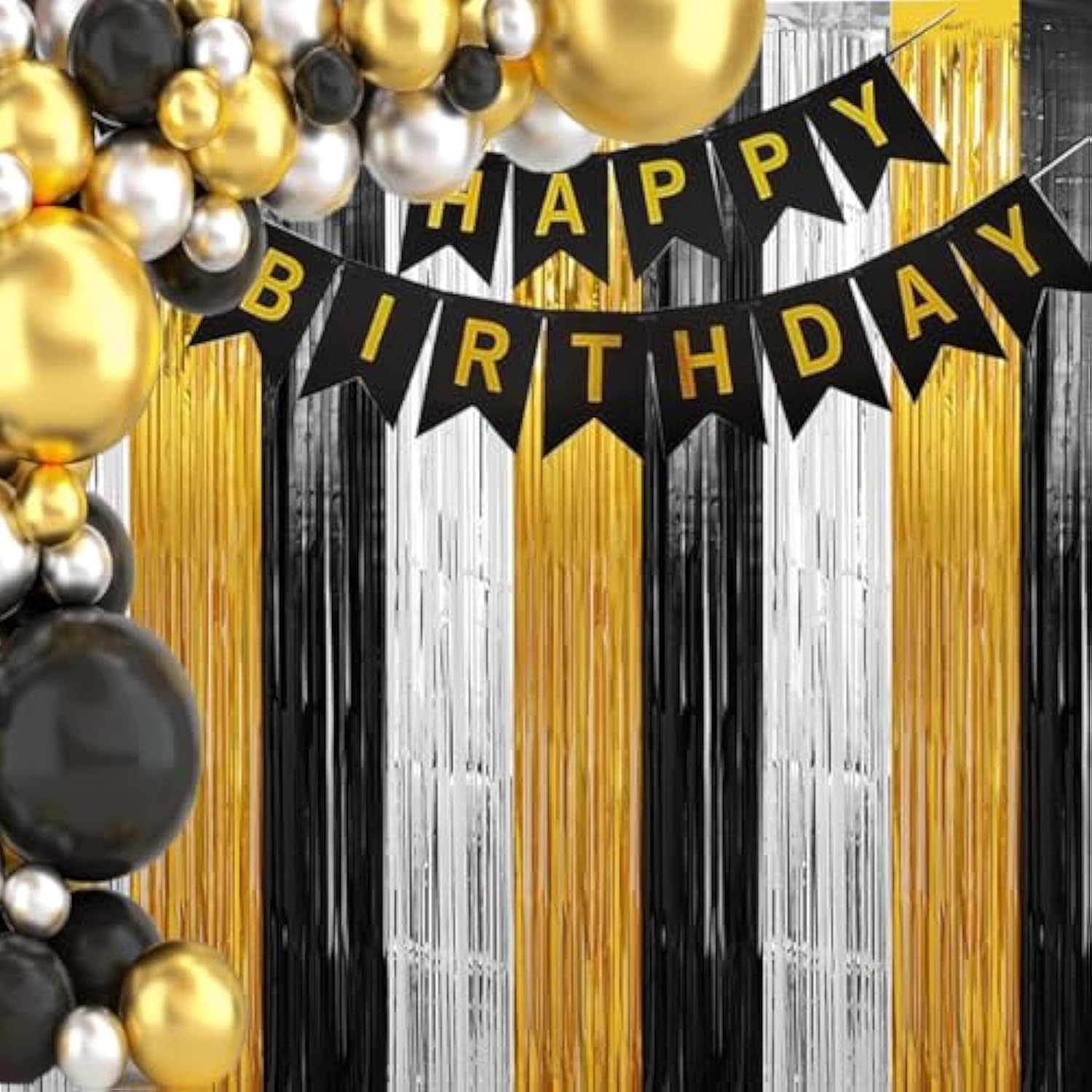 Black Gold Silver Star Foil Fringe Curtains 3 Pack Party Decor