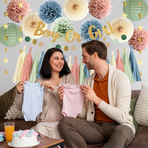 Gender Reveal Decorations Dusty Pink and Blue Baby Shower Decorations Boy Or Girl Banner Sage Dusty Pink Blue Paper Pom Poms Fans Paper Tassel Garland for Baby Girls Boys Shower Party Decor