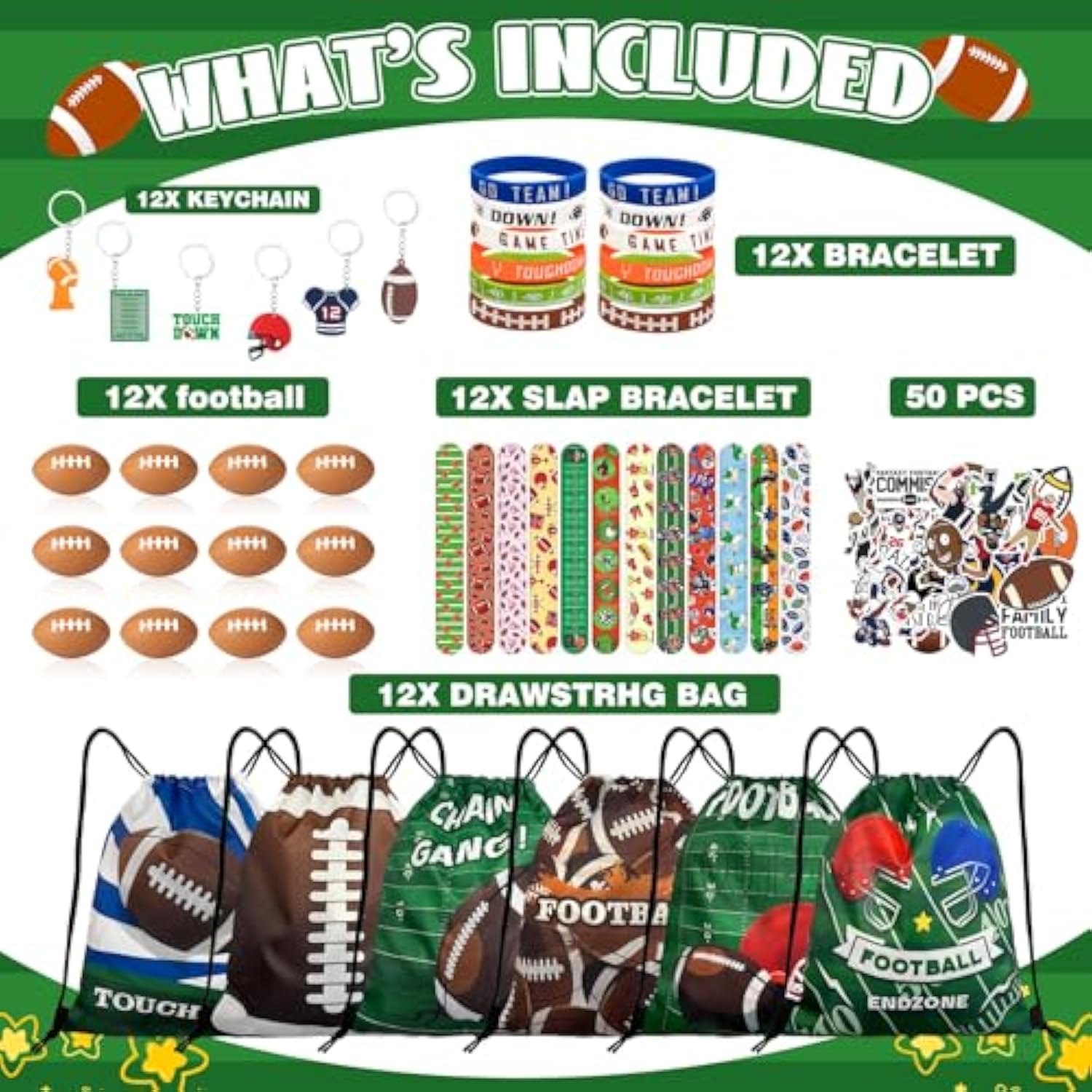 110Pcs Football Party Favors Drawstring Bags Football Goodie Bag With Mini Ball, Wristband, Slap Bracelets, Keychains, Stickers For Football Party Supplies