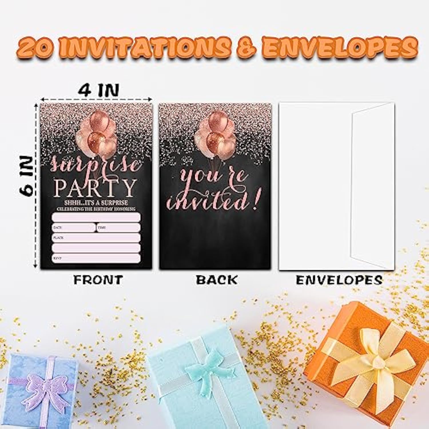 Shhh It'S A Surprise Birthday Invitations, Rose Gold Glitter Birthday Party Invitations For Girls Boys, Surprise Birthday Invitation Cards, Party Supplies And Decoration, 20 Cards & 20 Envelopes -C05