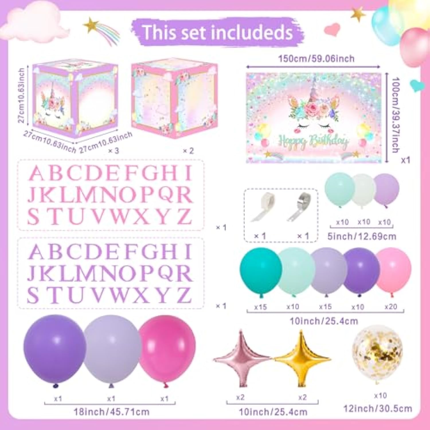 Unicorn Decorations - Happy Birthday Balloon Boxes With Letters, Unicorn Arch Kit And Backdrop